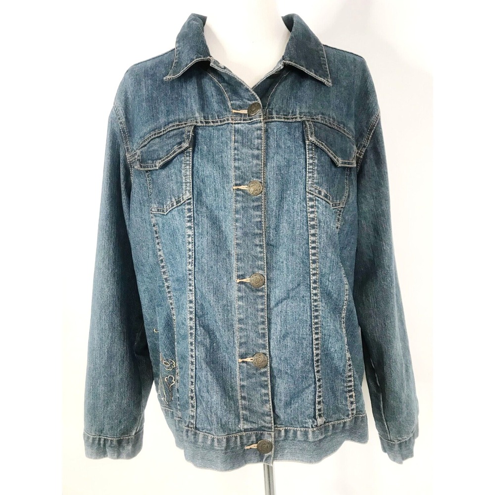 Chicos Jacket Womens Extra Large 3 Blue Denim Jean Embroidered Rhinestones Coat